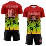 Custom Red Neon Green Gold White-Black Tropical Hawaii Palm Trees Gradient Sublimation Soccer Uniform Jersey