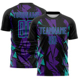 Custom Black Purple-Aqua Geometric Shard Grunge Splash Sublimation Soccer Uniform Jersey