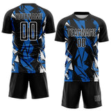 Custom Black Blue-White Geometric Shard Grunge Splash Sublimation Soccer Uniform Jersey