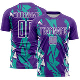 Custom Purple Aqua-White Geometric Shard Grunge Splash Sublimation Soccer Uniform Jersey