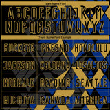 Custom Black Royal-Old Gold Geometric Grid Gradient Sublimation Soccer Uniform Jersey