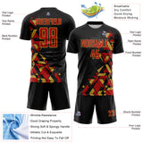Custom Black Red-Old Gold Geometric Grid Gradient Sublimation Soccer Uniform Jersey