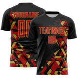 Custom Black Red-Old Gold Geometric Grid Gradient Sublimation Soccer Uniform Jersey