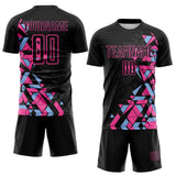 Custom Black Pink-Light Blue Geometric Grid Gradient Sublimation Soccer Uniform Jersey