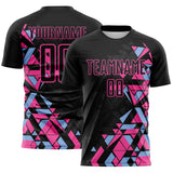 Custom Black Pink-Light Blue Geometric Grid Gradient Sublimation Soccer Uniform Jersey