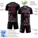 Custom Black Kelly Green-Pink Geometric Grid Gradient Sublimation Soccer Uniform Jersey