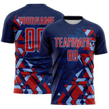 Custom Navy Red US Navy Blue-Light Blue Geometric Grid Gradient Sublimation Soccer Uniform Jersey