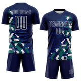 Custom Navy US Navy Blue Teal-White Geometric Grid Gradient Sublimation Soccer Uniform Jersey