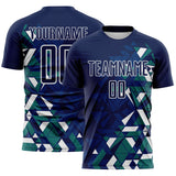 Custom Navy US Navy Blue Teal-White Geometric Grid Gradient Sublimation Soccer Uniform Jersey