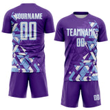 Custom Purple White-Light Blue Geometric Grid Gradient Sublimation Soccer Uniform Jersey