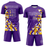 Custom Purple Yellow-White Geometric Grid Gradient Sublimation Soccer Uniform Jersey