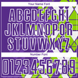 Custom Purple Neon Green-White Geometric Grid Gradient Sublimation Soccer Uniform Jersey