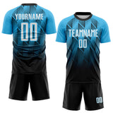 Custom Black White-Sky Blue Spiked Sharp Lines Gradient Sublimation Soccer Uniform Jersey
