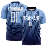Custom Navy White-Light Blue Spiked Sharp Lines Gradient Sublimation Soccer Uniform Jersey