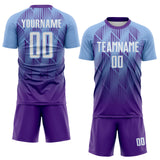 Custom Purple White-Light Blue Spiked Sharp Lines Gradient Sublimation Soccer Uniform Jersey