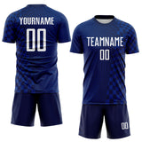 Custom Royal White-Navy Geometric Patchwork Asymmetry Checkered Zigzag Lines Sublimation Soccer Uniform Jersey