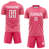 Custom Neon Pink White-Medium Pink Geometric Patchwork Asymmetry Checkered Zigzag Lines Sublimation Soccer Uniform Jersey