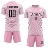 Custom Light Pink Black-White Geometric Patchwork Asymmetry Checkered Zigzag Lines Sublimation Soccer Uniform Jersey