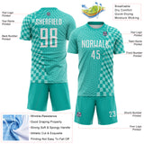 Custom Aqua White-Ice Blue Geometric Patchwork Asymmetry Checkered Zigzag Lines Sublimation Soccer Uniform Jersey