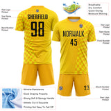 Custom Gold Black-Light Yellow Geometric Patchwork Asymmetry Checkered Zigzag Lines Sublimation Soccer Uniform Jersey