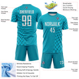 Custom Teal White-Lakes Blue Geometric Patchwork Asymmetry Checkered Zigzag Lines Sublimation Soccer Uniform Jersey