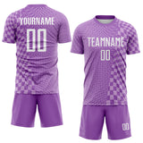 Custom Medium Purple White-Light Purple Geometric Patchwork Asymmetry Checkered Zigzag Lines Sublimation Soccer Uniform Jersey
