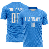 Custom Powder Blue-White Geometric Patchwork Asymmetry Checkered Zigzag Lines Sublimation Soccer Uniform Jersey