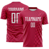 Custom Burgundy-White Geometric Patchwork Asymmetry Checkered Zigzag Lines Sublimation Soccer Uniform Jersey