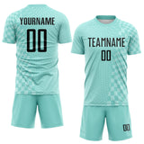 Custom Ice Blue-Black Geometric Patchwork Asymmetry Checkered Zigzag Lines Sublimation Soccer Uniform Jersey