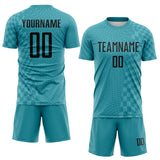 Custom Teal-Black Geometric Patchwork Asymmetry Checkered Zigzag Lines Sublimation Soccer Uniform Jersey