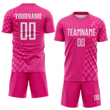 Custom Hot Pink-White Geometric Patchwork Asymmetry Checkered Zigzag Lines Sublimation Soccer Uniform Jersey