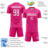 Custom Hot Pink-White Geometric Patchwork Asymmetry Checkered Zigzag Lines Sublimation Soccer Uniform Jersey