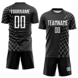 Custom Black White-Steel Gray Geometric Patchwork Asymmetry Checkered Zigzag Lines Sublimation Soccer Uniform Jersey