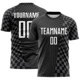 Custom Black White-Steel Gray Geometric Patchwork Asymmetry Checkered Zigzag Lines Sublimation Soccer Uniform Jersey