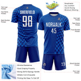 Custom Royal-White Geometric Patchwork Asymmetry Checkered Zigzag Lines Sublimation Soccer Uniform Jersey