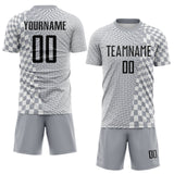 Custom Gray Black-White Geometric Patchwork Asymmetry Checkered Zigzag Lines Sublimation Soccer Uniform Jersey