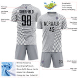 Custom Gray Black-White Geometric Patchwork Asymmetry Checkered Zigzag Lines Sublimation Soccer Uniform Jersey