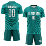 Custom Teal White-Aqua Geometric Patchwork Asymmetry Checkered Zigzag Lines Sublimation Soccer Uniform Jersey