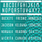 Custom Teal White-Aqua Geometric Patchwork Asymmetry Checkered Zigzag Lines Sublimation Soccer Uniform Jersey