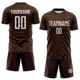 Custom Brown-White Geometric Patchwork Asymmetry Checkered Zigzag Lines Sublimation Soccer Uniform Jersey