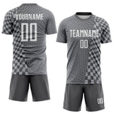 Custom Steel Gray-White Geometric Patchwork Asymmetry Checkered Zigzag Lines Sublimation Soccer Uniform Jersey