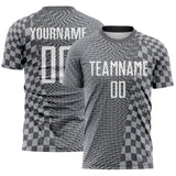 Custom Steel Gray-White Geometric Patchwork Asymmetry Checkered Zigzag Lines Sublimation Soccer Uniform Jersey
