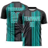 Custom Black Aqua-White Brush Stroke Fluid Stripes Sublimation Soccer Uniform Jersey