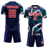 Custom Navy Fire Red Teal-White Geometric Asymmetry Shatter Sublimation Soccer Uniform Jersey