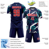 Custom Navy Fire Red Teal-White Geometric Asymmetry Shatter Sublimation Soccer Uniform Jersey