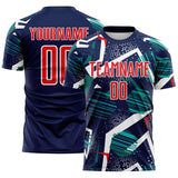 Custom Navy Fire Red Teal-White Geometric Asymmetry Shatter Sublimation Soccer Uniform Jersey