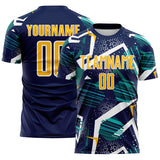 Custom Navy Gold Teal-White Geometric Asymmetry Shatter Sublimation Soccer Uniform Jersey