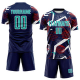 Custom Navy Aqua Red White-Black Geometric Asymmetry Shatter Sublimation Soccer Uniform Jersey
