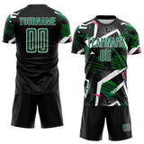 Custom Black Kelly Green Pink-White Geometric Asymmetry Shatter Sublimation Soccer Uniform Jersey