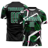 Custom Black Kelly Green Pink-White Geometric Asymmetry Shatter Sublimation Soccer Uniform Jersey